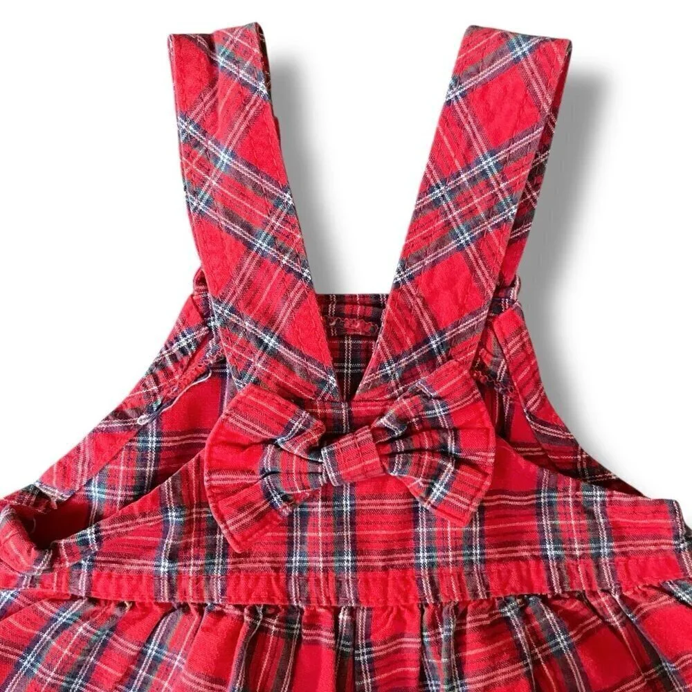 Vintage OshKosh B'Gosh Girls Overalls Sz 12 Month Red Plaid Bow Back Bubble Xmas